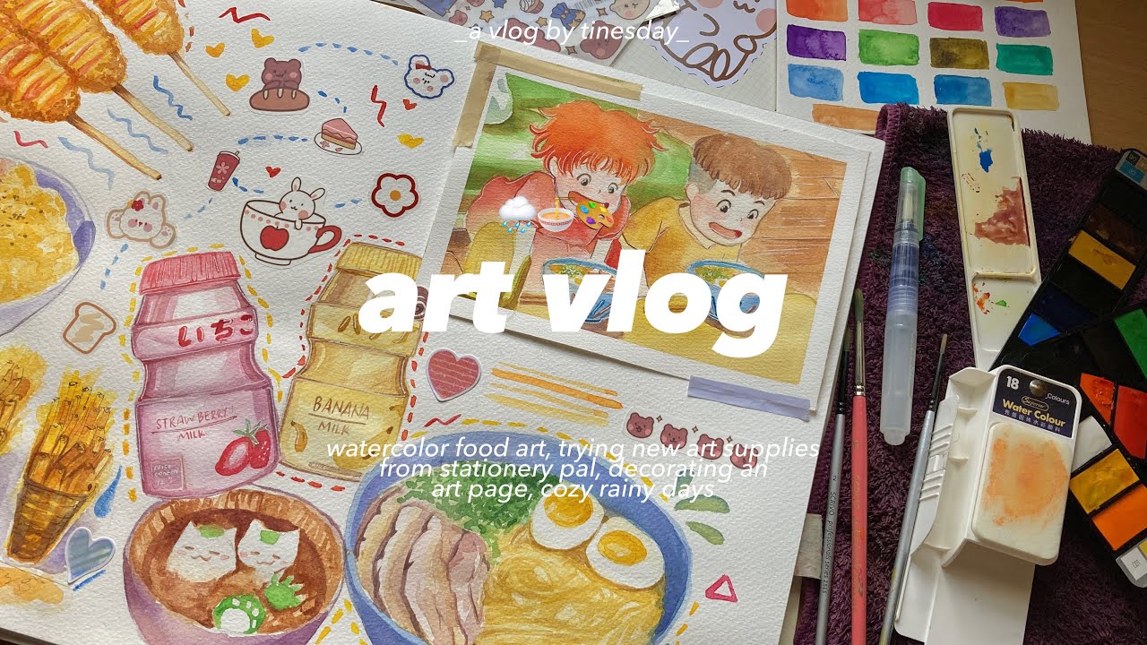 art vlog 🎨🍲 watercolor food art, trying new art supplies from stationery pal, cozy rainy days 🌧