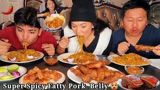 Nepali Mukbang /Buff Chowmein With Spicy Pork BBQ/Fatty Pork Belly Mukbang/Sukuti Chowmein ??️.