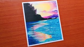 Beach with beautiful sunrise scenery |Oil Pastel drawing for beginners |Art with abhay