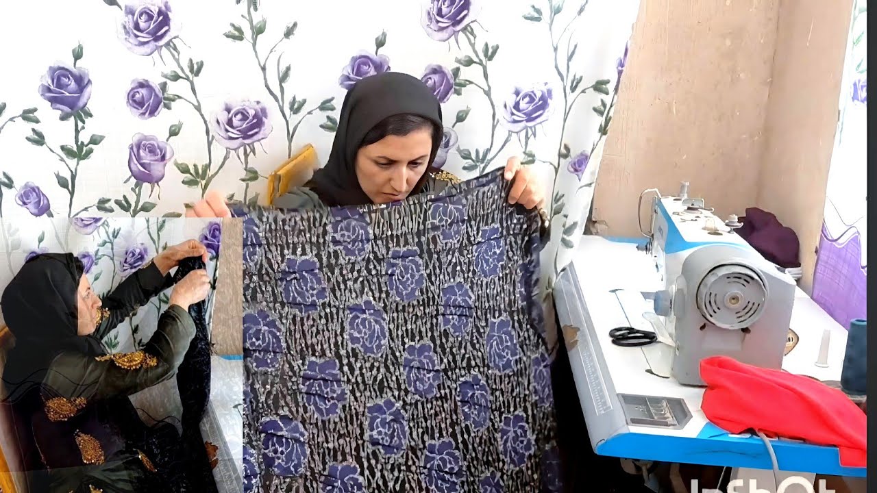 Sakineh sewing clothes for her client and preparing food for her children