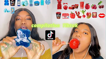 ASMR MUKBANG CONPILATION blue and red food (jelly, strawberry, , jelly noodles, bubble tea, cake car