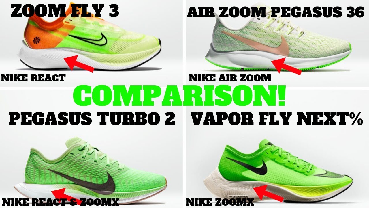 Nike Technology Compared: Zoom Pegasus 36 vs Zoom Fly 3 vs Pegasus Turbo 2  vs ZoomX Vaporfly Next% - YouTube