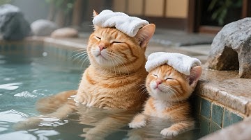 Ginger and Mama Cat Work at the Bathhouse, Relax in the Hot Spring After a Busy Day! 🍱💆‍♀️