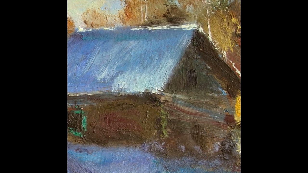 Картина авторская "Зима в деревне. 1988". Художник - Марк Кремер. Картон / Масло, 27x43 см