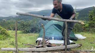 Solo camping and bushcraft steak cooking in nature