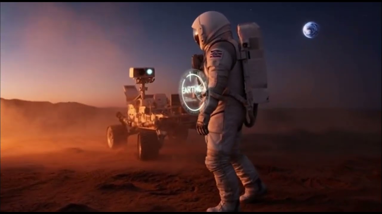 Future actions on Mars surface by humans,Earth can be seen  in the sky