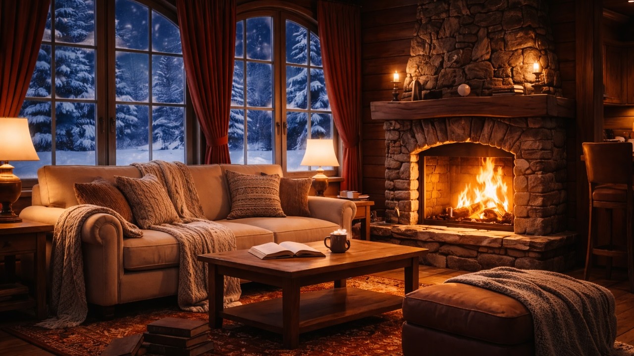 Cozy Winter Cabin Fireplace ❄️ Snowfall Night | Soft Piano & Crackling Fireplace Ambience