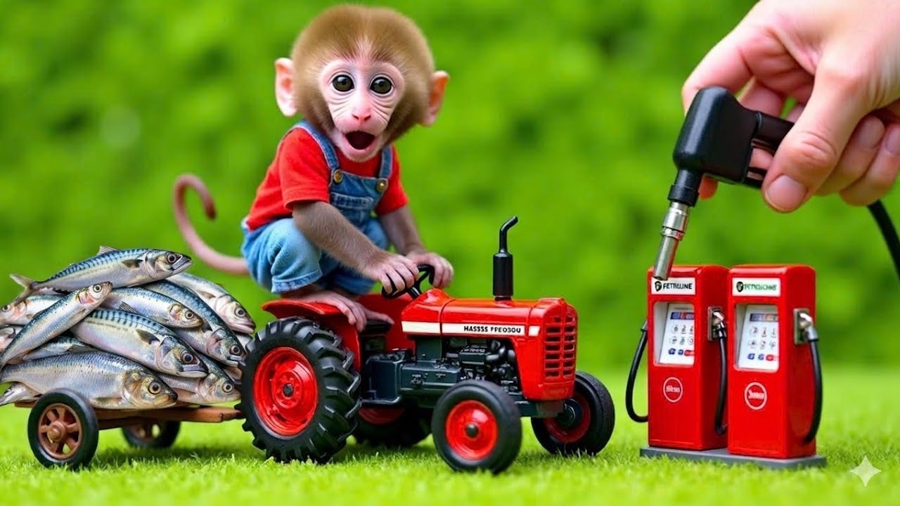 Monkey Ride Tractor Monkey Farmer Drives a Tractor to load in tank petrol the pump! - YouTube