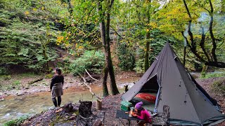 CAMPING beside a BEAUTIFUL RIVER with our HOT TENT