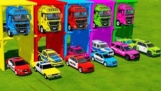 TRANSPORTING ALL POLICE CARS and AMBULANCE EMERGENCY VEHICLES WITH MERCEDES POLICE TRUCKS ! FS22 screenshot 2