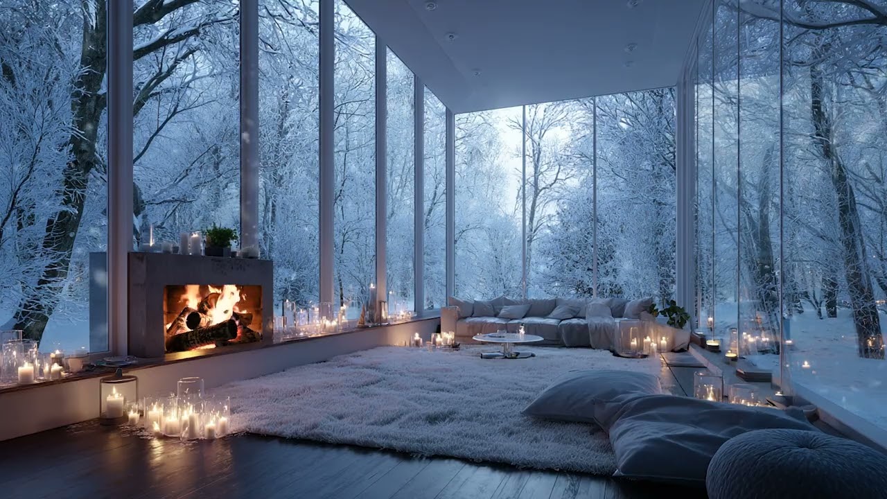 Cold Snow Wind Outside the Cabin Walls | Soft Fireplace Crackling Sounds for Deep Calm