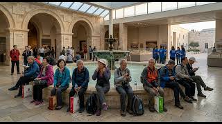 Visitors by a Museum Courtyard Fountain | Cinematic Background
