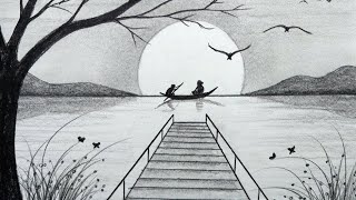 رسم سهل | كيفية رسم منظر طبيعي سهل للمبتدئين بالرصاص | How to draw beautiful landscape with pencil