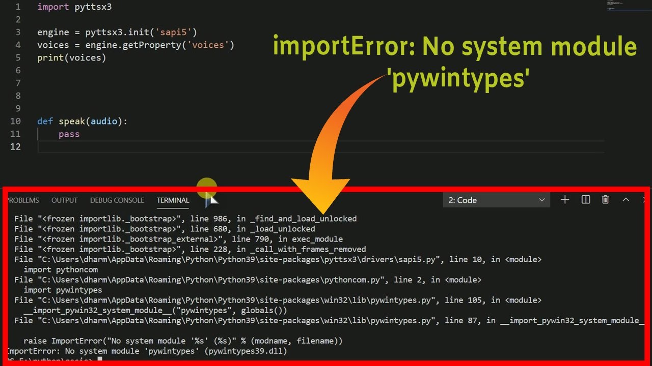 Importerror cannot import name type. Pyttsx3. Import pythoncom. Ошибка no Module named 'pywintypes'. Как установить pyttsx3.