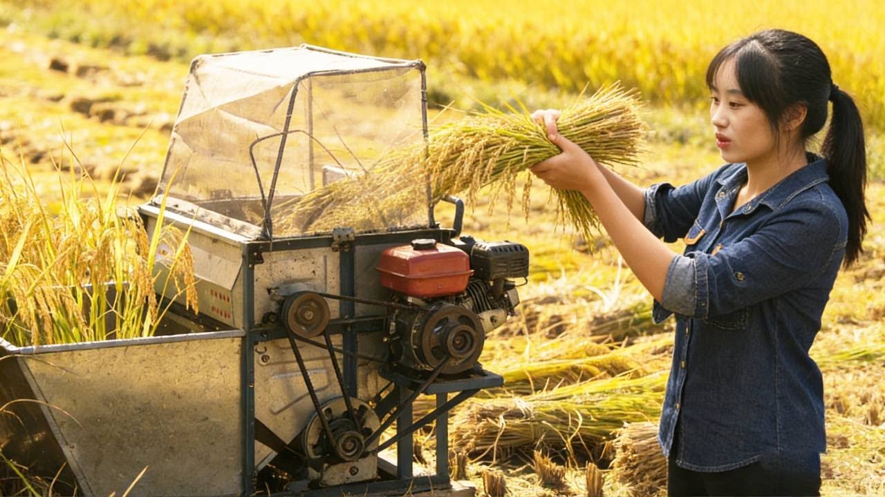 💡天才少女自制又快又省力的打谷机，性能比市面上的机器省力十倍！惊艳全村！A gifted young girl invents a threshing machine.