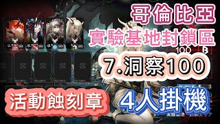 【明日方舟】哥倫比亞 實驗基地封鎖區「7.洞察100分 - 活動蝕刻章」 4人掛機（沒42就借一隻！）（常駐地圖）（特別行動「尖滅測試作戰」）|| Arknights