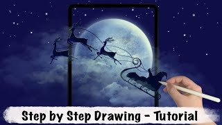 Santa Claus is Coming at a Full Moon Night iPad Procreate Drawing - Step by Step Drawing Tutorial screenshot 2