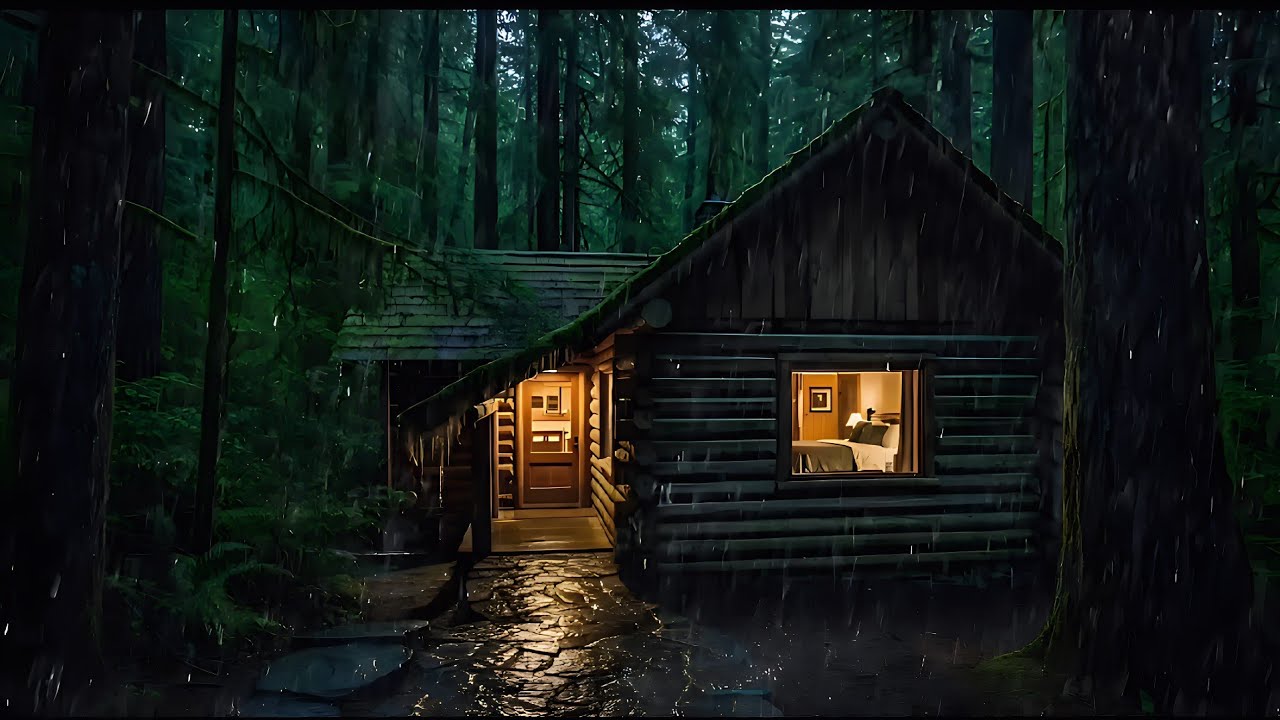 Rain Sounds Outside a Cozy Forest Cabin at Night | Deep Relaxing Ambience 008