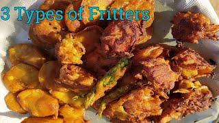 तीन तरह की पकौड़ी | New and Easy way of making potato, bottle gourd and onion Fritters