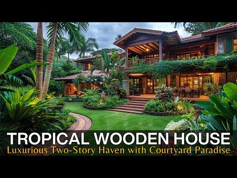 Luxurious Two-Story Haven: Beautiful Tropical Wooden House Courtyard Paradise