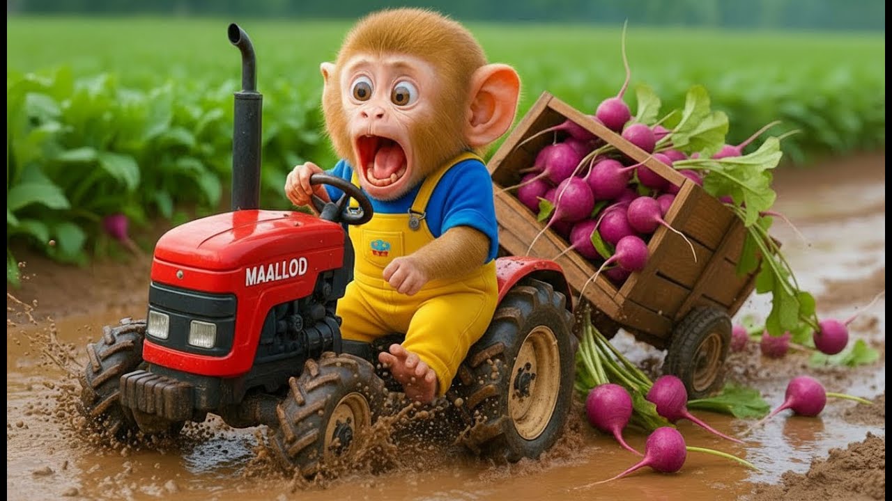 Monkey Eric  Drives Tractor Carrying Cabbages Through Flood & Fixes the Damaged Road! 🚜🥬🌧️