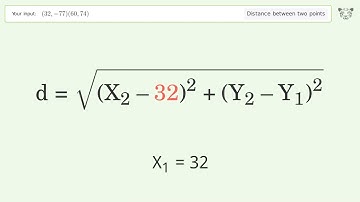 Find the distance between two points p1 (32,-77) and p2 (60,74): Step-by-Step Video Solution