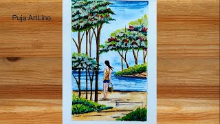 Summer scenery drawing/Beautiful girl with river Scenery/summer drawing/Girl drawing/girl standing.