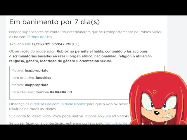 Sim, fui banido do roblox kkkjj Em banimento por 7 Nossas