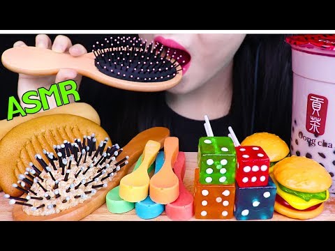 ASMR EDIBLE HAIR BRUSH, SPOON, BUBBLE TEA, GUMMY 먹는 빗, 숟가락, 햄버거 젤리, 주사위 사탕, 버블티 먹방 (EATING SOUNDS)