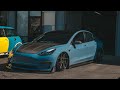 Tesla model 3 wrapped in tinybot vinyl gloss steel blue  gloss 6d carbon fiber jams  sema23 build