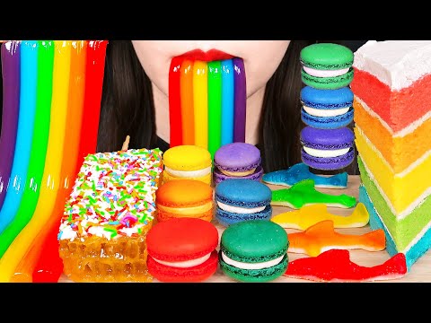 ASMR RAINBOW JELLY NOODLES, HONEYCOMB, MACARON, CAKE 무지개 젤리국수, 벌집꿀, 마카롱, 케이크 먹방 咀嚼音 EATING SOUNDS