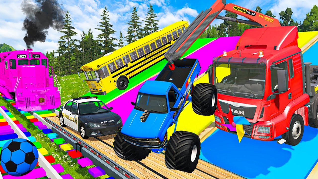 Funny Cars vs Monster Truck Rescue Flatbed Trailer – Slide Color vs Deep Water | BeamNG Drive