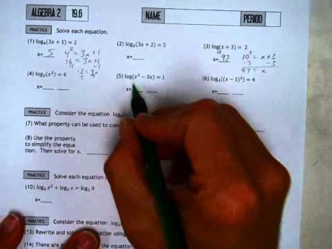 Alg 2 Worksheet 19 6 #1 3 and 5 Solving Log Equations - YouTube