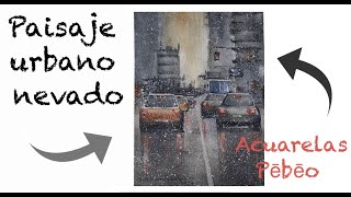 Acuarela. Paisaje urbano nevado