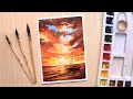 Watercolor painting for beginners beautiful sunset and boat