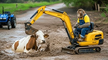 Monkey Farmer Working with Excavator, Mini Tractor - Rescues Dairy Cow from Muddy Pit.
