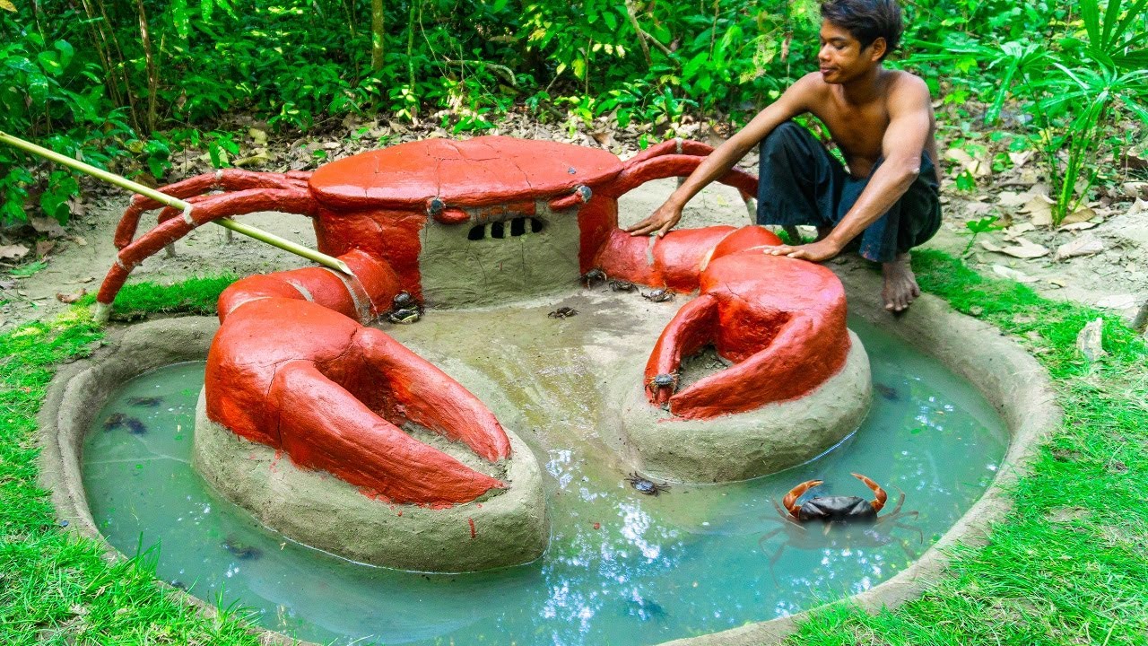 Build Red Mud Crab House & Pond Waterfall for Abandoned Dry Up Crabs 