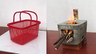Amazing smoke free wood stove - Smokeless wood stove from cement and plastic basket