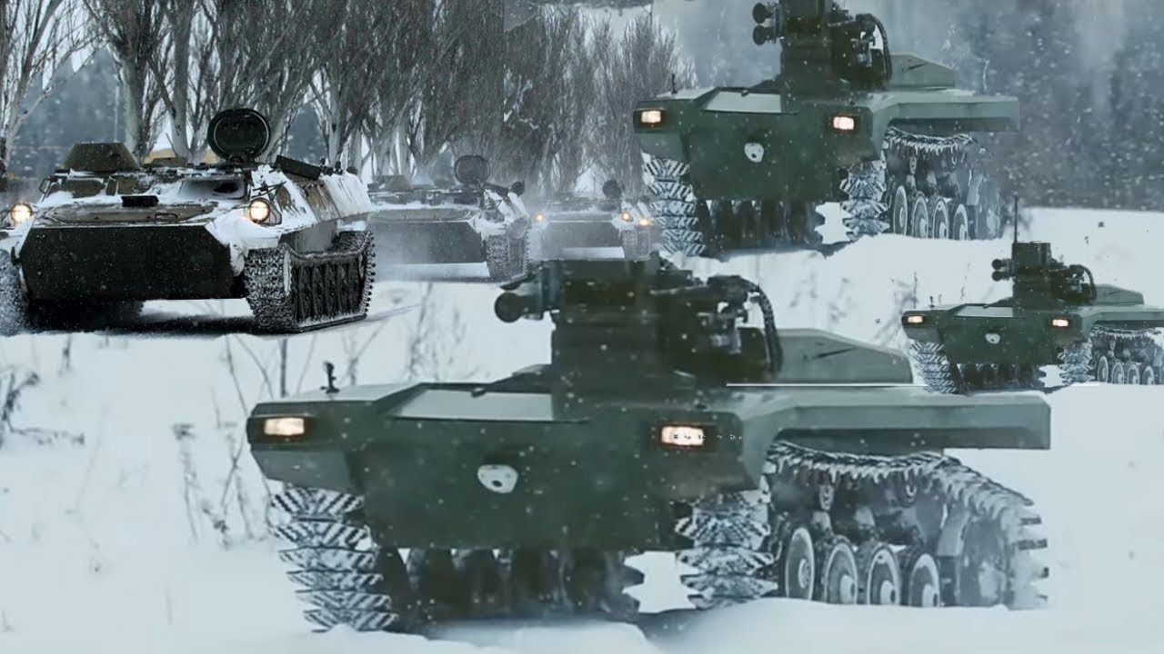 Russian military and army vehicles in action in the snow