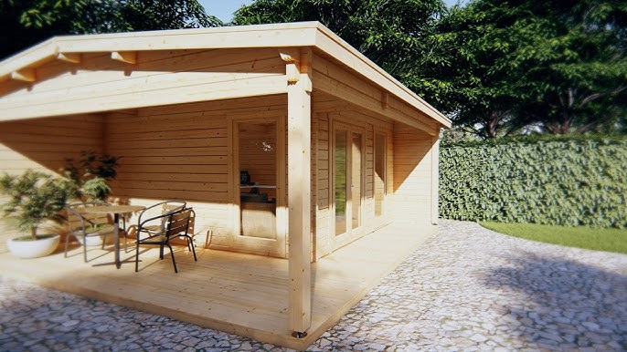 Caseta de jardín con porche Nora E / 9m² / 6x3m / 44mm - Casetas
