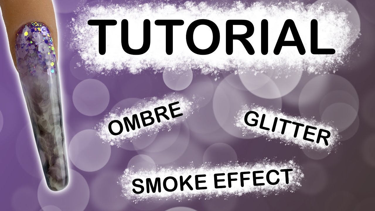 Smoke effect on an ombre nail with purple glitter | Hard gel coffin nail