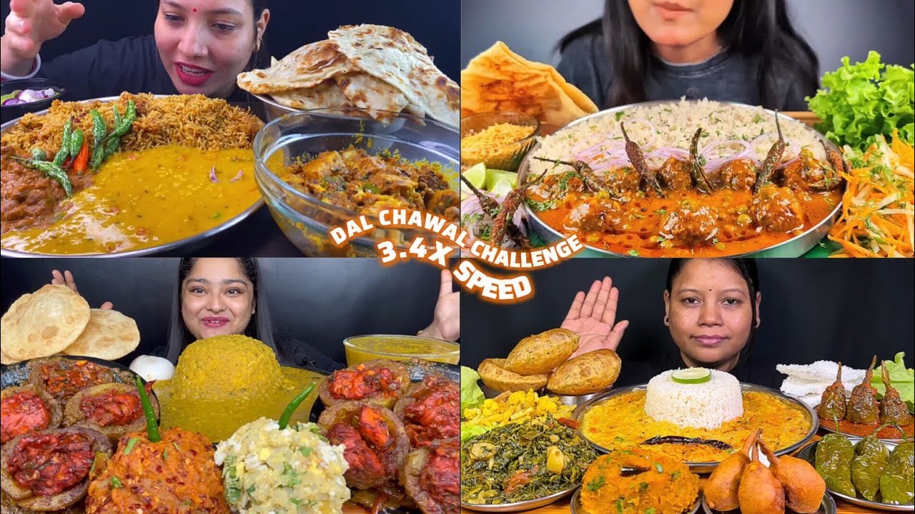ASMR: Eating Dal Chawal Eating Challenge 😍😋sag sabji aloo bharta Naan puri beingan fry Mukbang