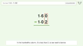 Long Subtraction Problem 1.6-1.02: Step-by-Step Video Solution
