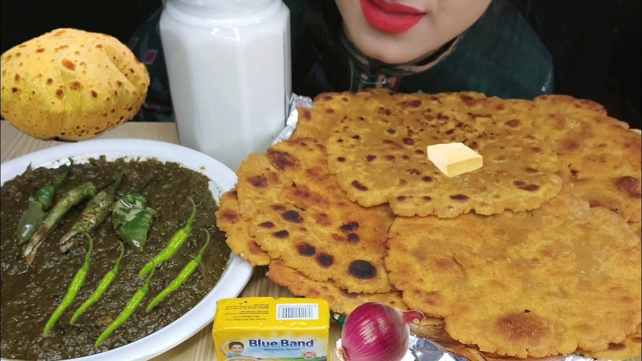 EATING PUNJABI FOOD | MAKKI KI ROTI (CORN MEAL BREAD)+ SARSON ka SAAG (MUSTARD LEAVES) | NO TALKING