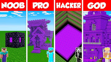 Minecraft Battle: NOOB vs PRO vs HACKER vs GOD: NETHER PORTAL HOUSE BASE BUILD CHALLENGE / Animation