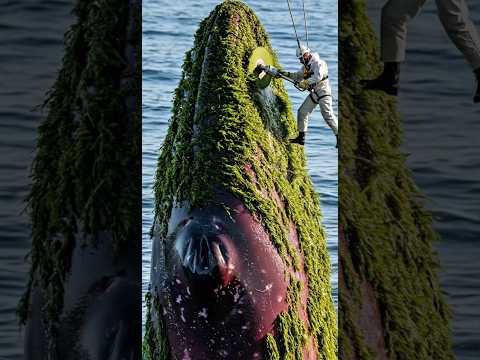 Quick rescue of a red whale on the ocean surface from thick moss and algae #WhaleRescue