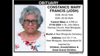CONSTANCE MARY FRANCIS (JOSH) | FUNERAL MASS 4PM  | ST. JOHN MARIA VIANNEY CHURCH  | 27-2-24
