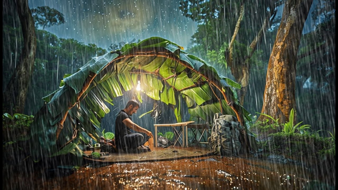 Camping in heavy rain and thunder // struggling to build a shelter in ...