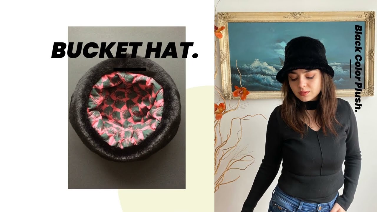 Handmade Black Color Plush Bucket Hat - Pattern Inner Lining | By Favbrella