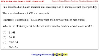 2014 Maths General 2 HSC Q20 Find weekly electricity cost of using hot water in a household of 4
